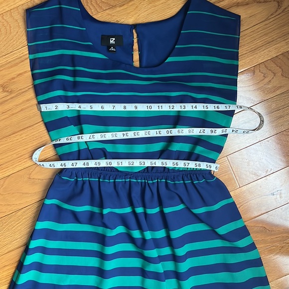 EUC! iZ Byer Blue Teal Hi-Low stripe dress with defined waist - Picture 11 of 12